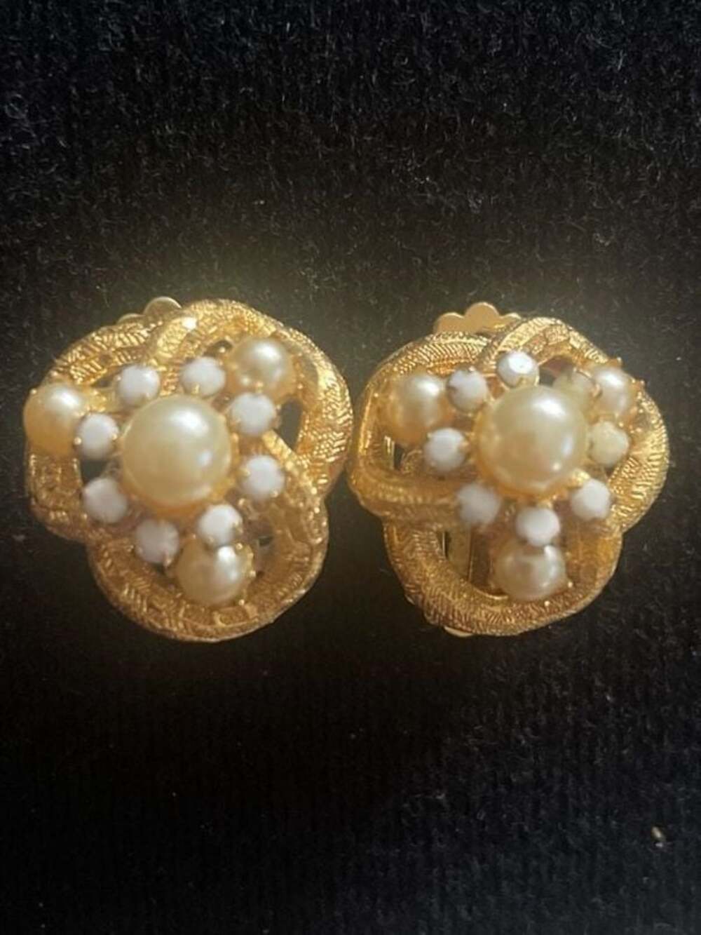 Vintage Craft Signed Gold Tone Faux Pearl Cluster Textured Clip-On Earrings